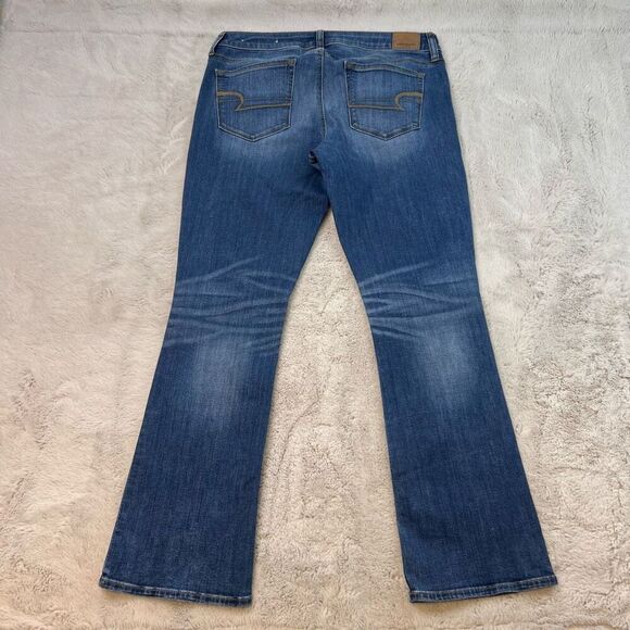 American Eagle Skinny Kick Bootcut Jeans Size 12 Short Super Stretch Whiskers - Picture 9 of 10